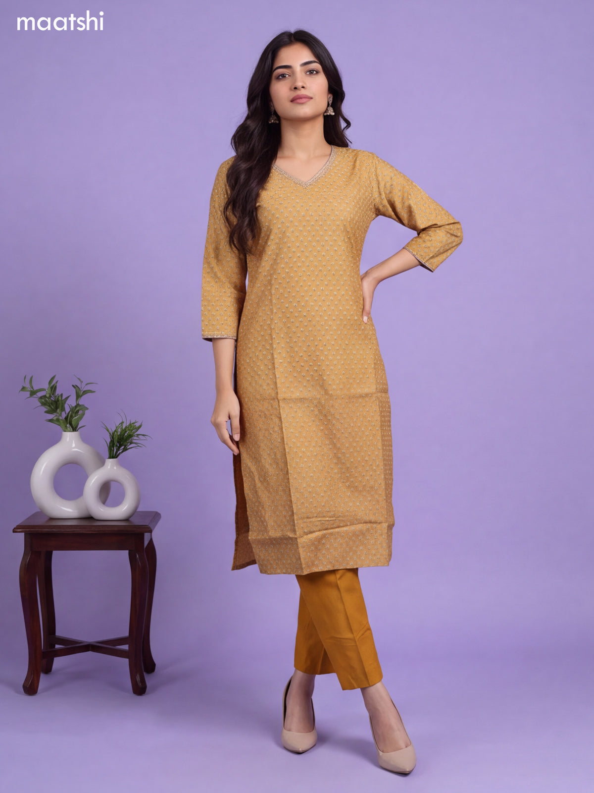 Mustard Yellow Chanderi Allover Floral Printed & Embroidery Work Straight Suit