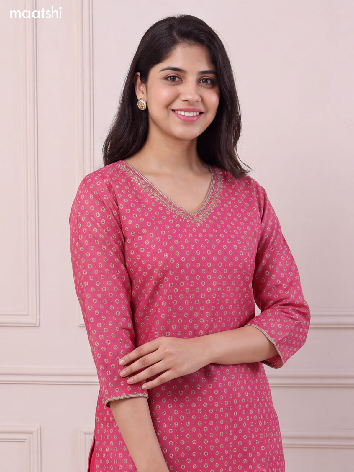 Pink Chanderi Allover Floral Printed & Embroidery Work Straight Suit