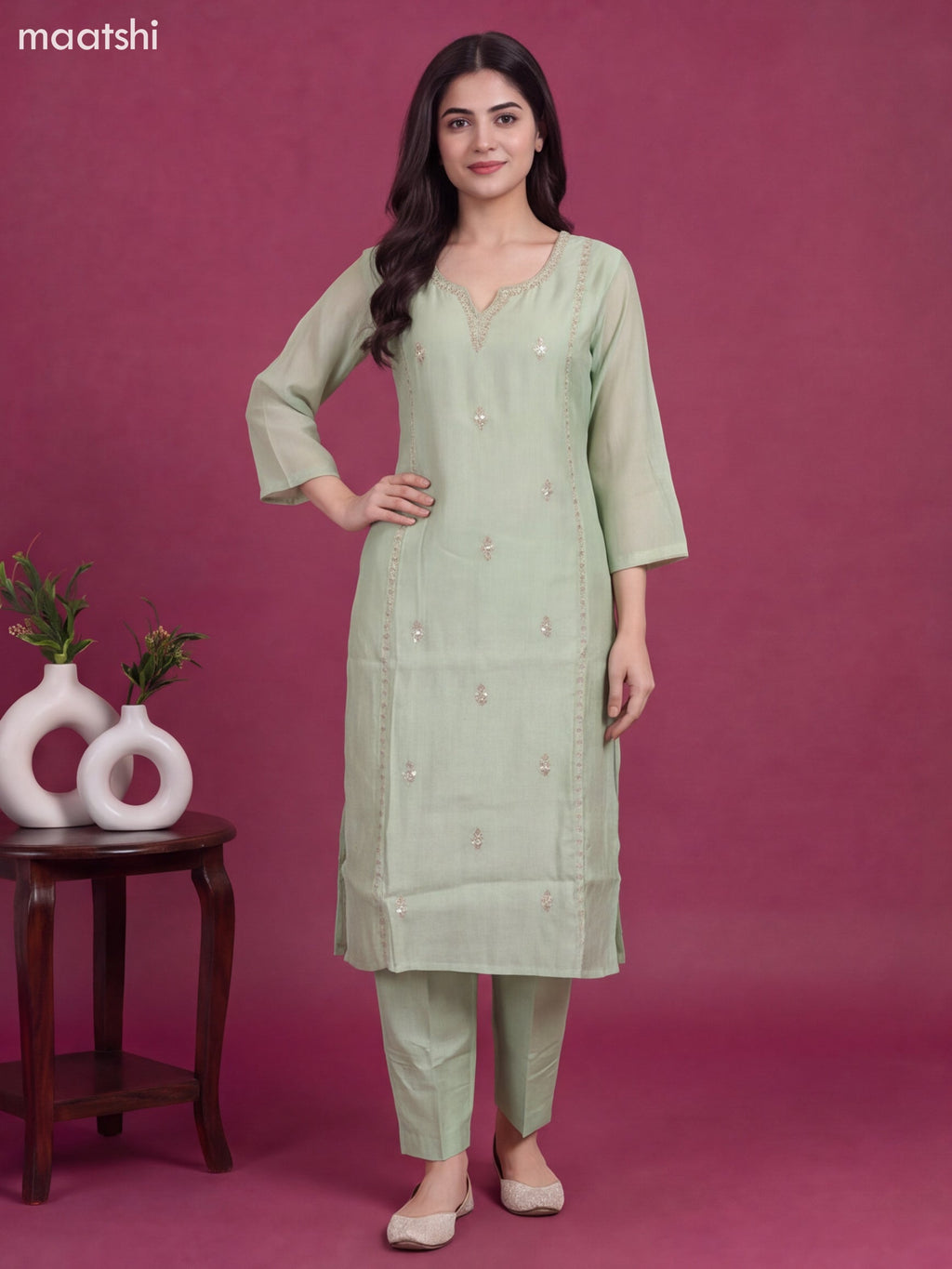 Pastel Green Mul Chanderi Floral Embroidery Work Straight Suit