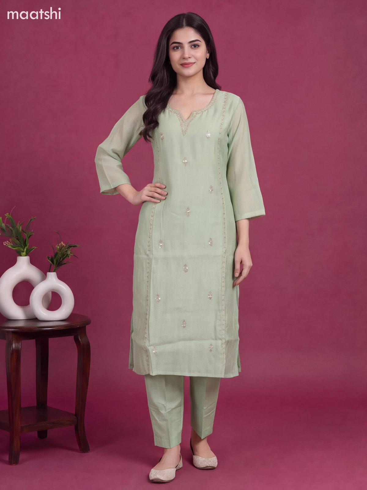 Pastel Green Mul Chanderi Floral Embroidery Work Straight Suit