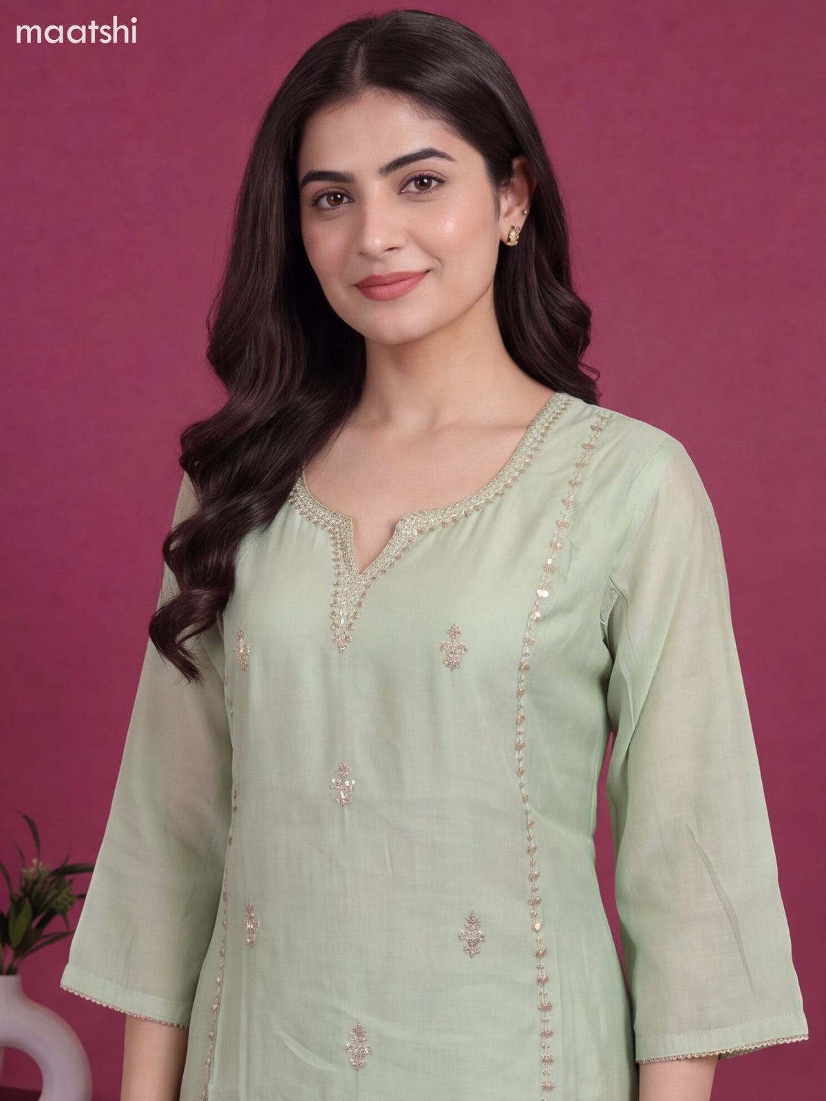Pastel Green Mul Chanderi Floral Embroidery Work Straight Suit