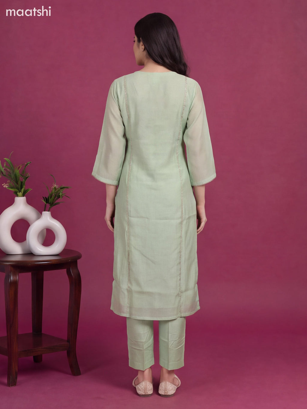 Pastel Green Mul Chanderi Floral Embroidery Work Straight Suit