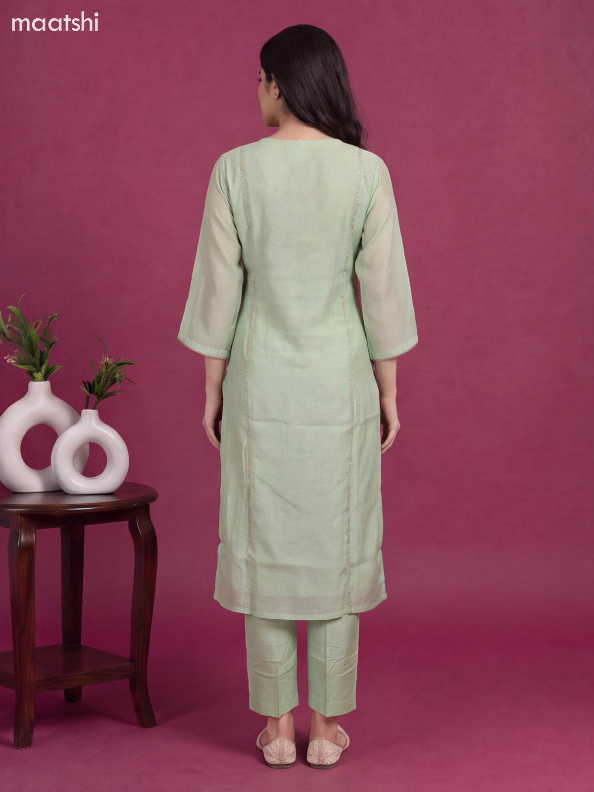 Pastel Green Mul Chanderi Floral Embroidery Work Straight Suit