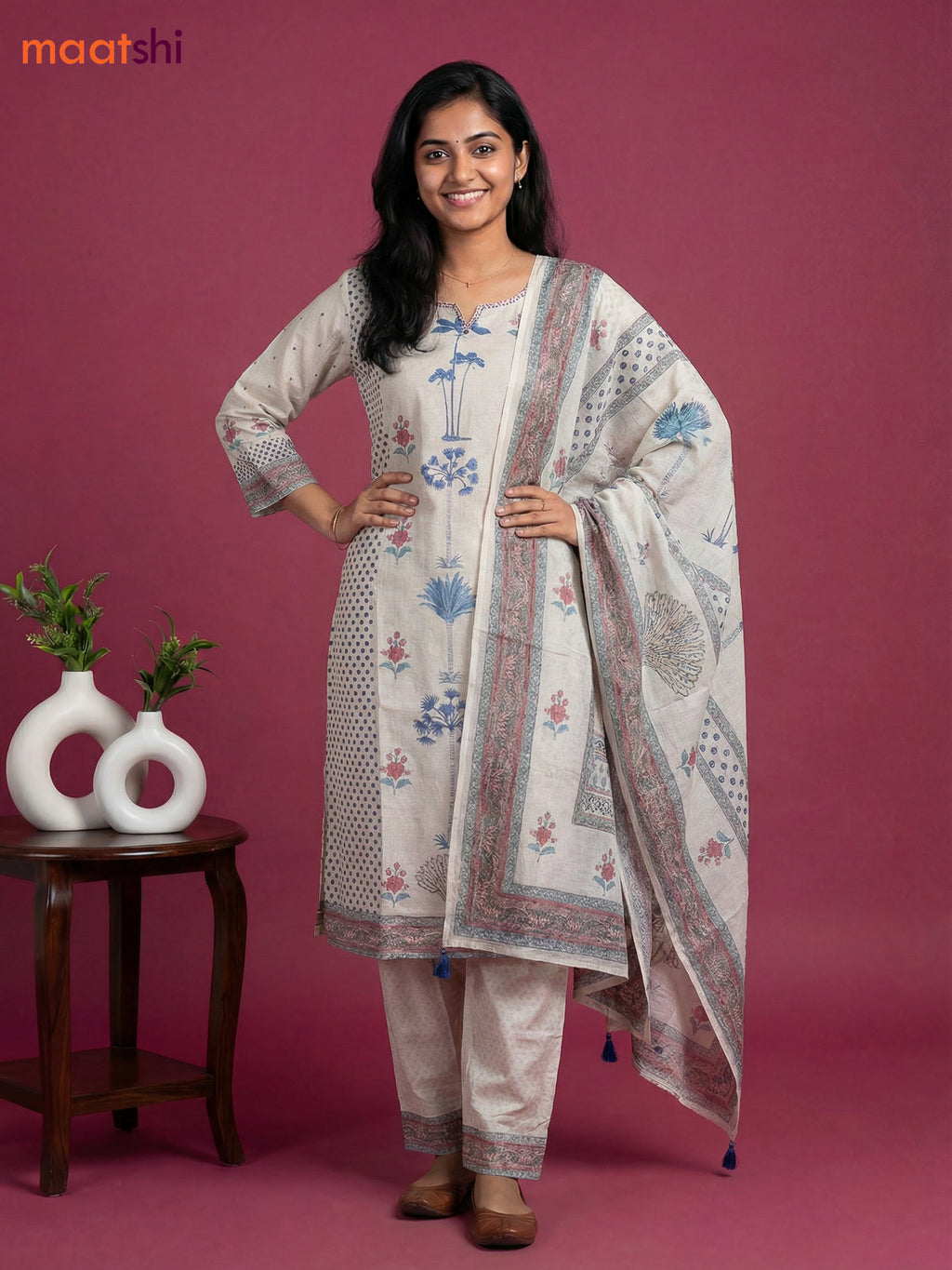 Beige and Blue Cotton Floral Printed & Simple Embroidery Work Straight Suit