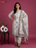 Beige and Blue Cotton Floral Printed & Simple Embroidery Work Straight Suit