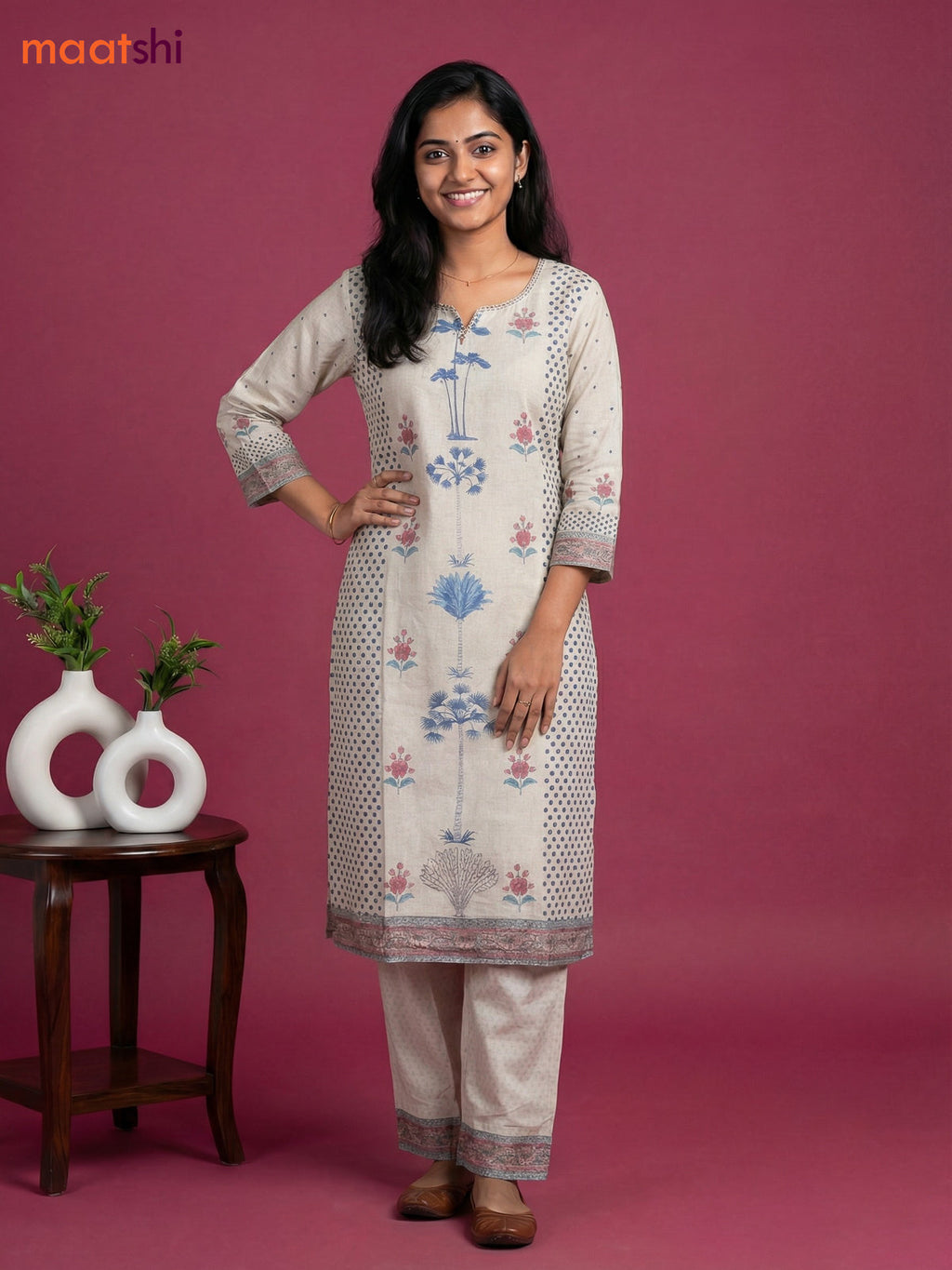 Beige and Blue Cotton Floral Printed & Simple Embroidery Work Straight Suit