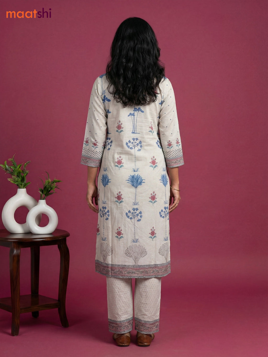 Beige and Blue Cotton Floral Printed & Simple Embroidery Work Straight Suit
