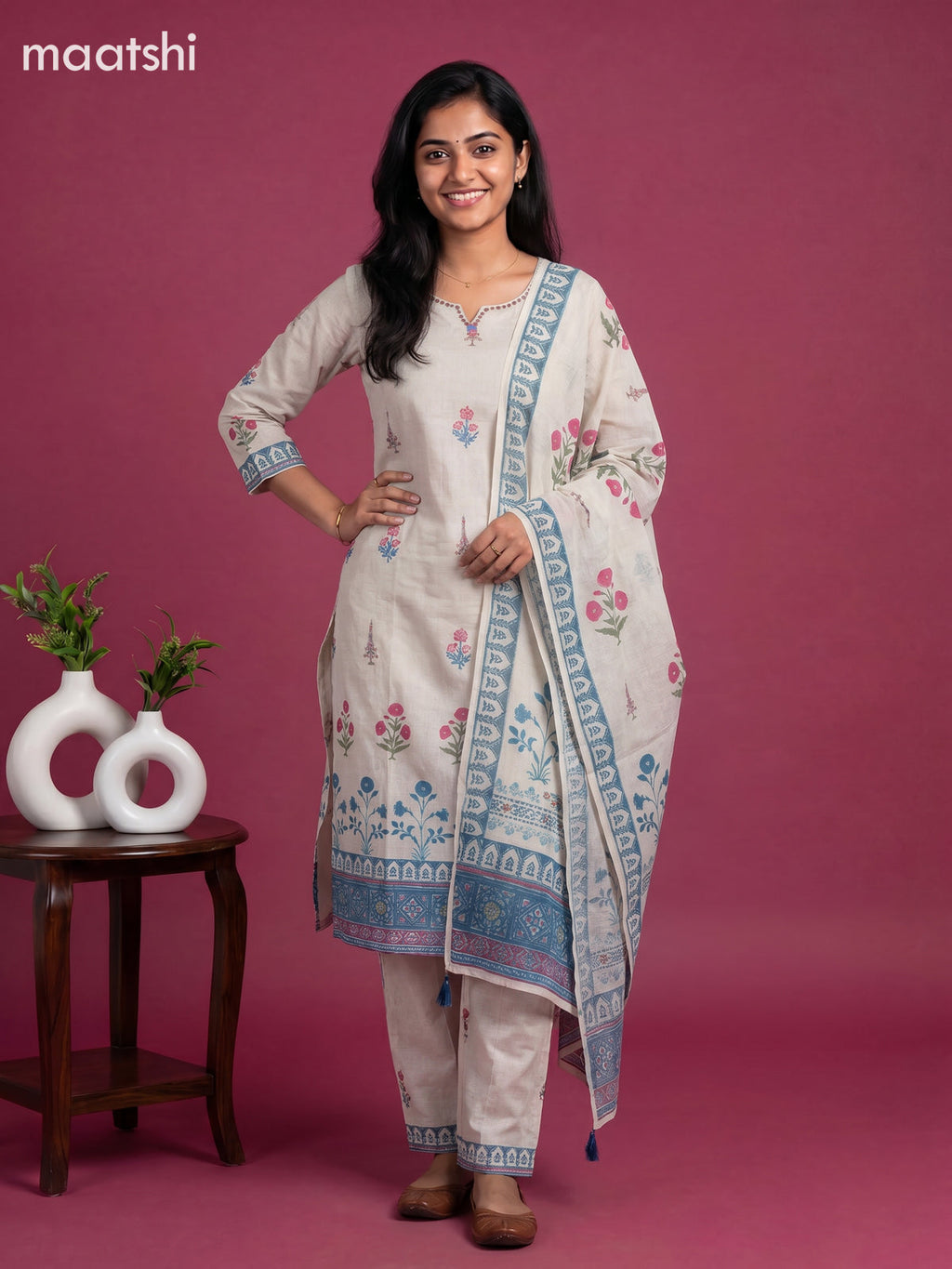 Beige Cotton Floral Printed & Simple Embroidery Work Straight Suit