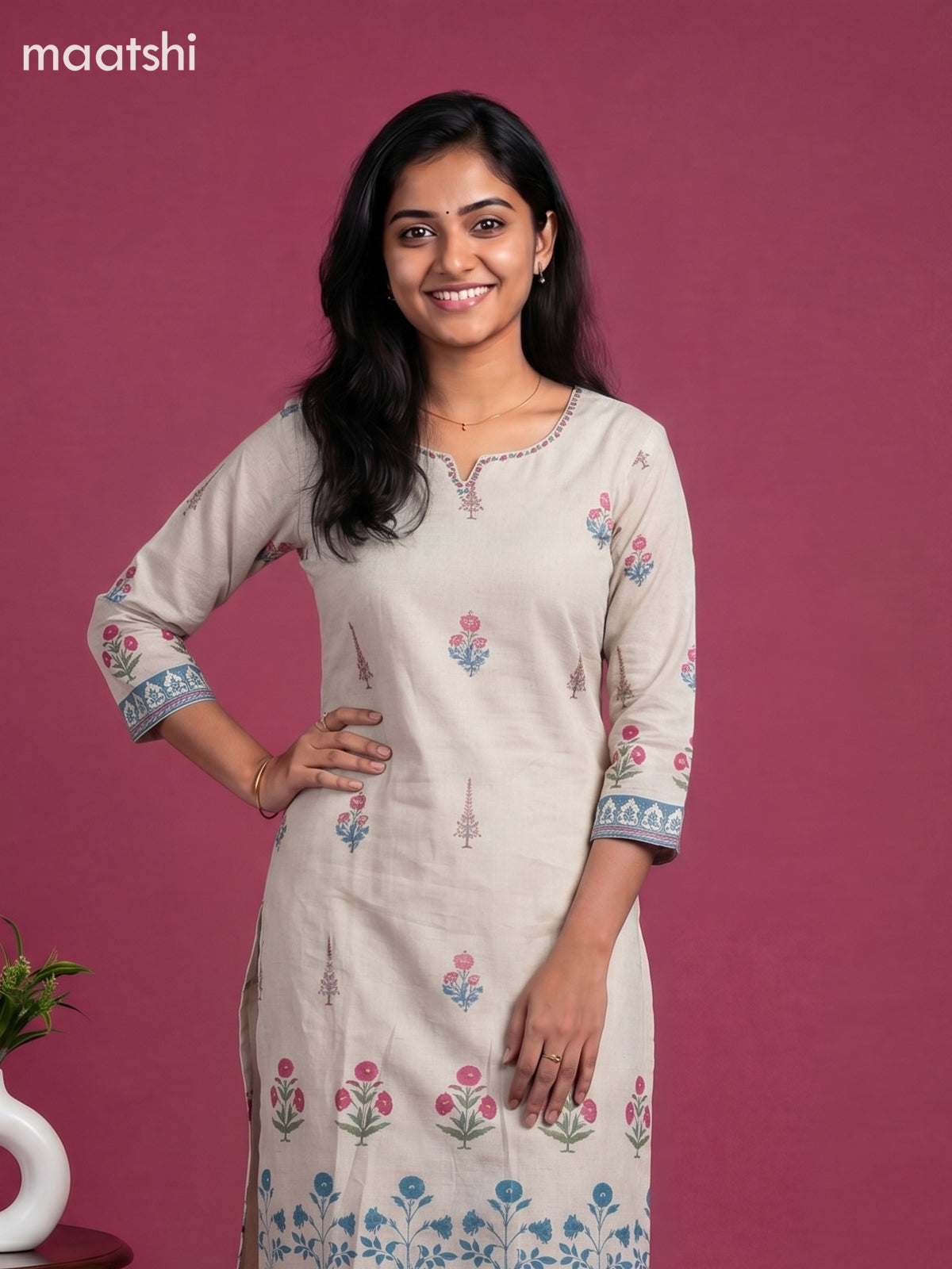 Beige Cotton Floral Printed & Simple Embroidery Work Straight Suit