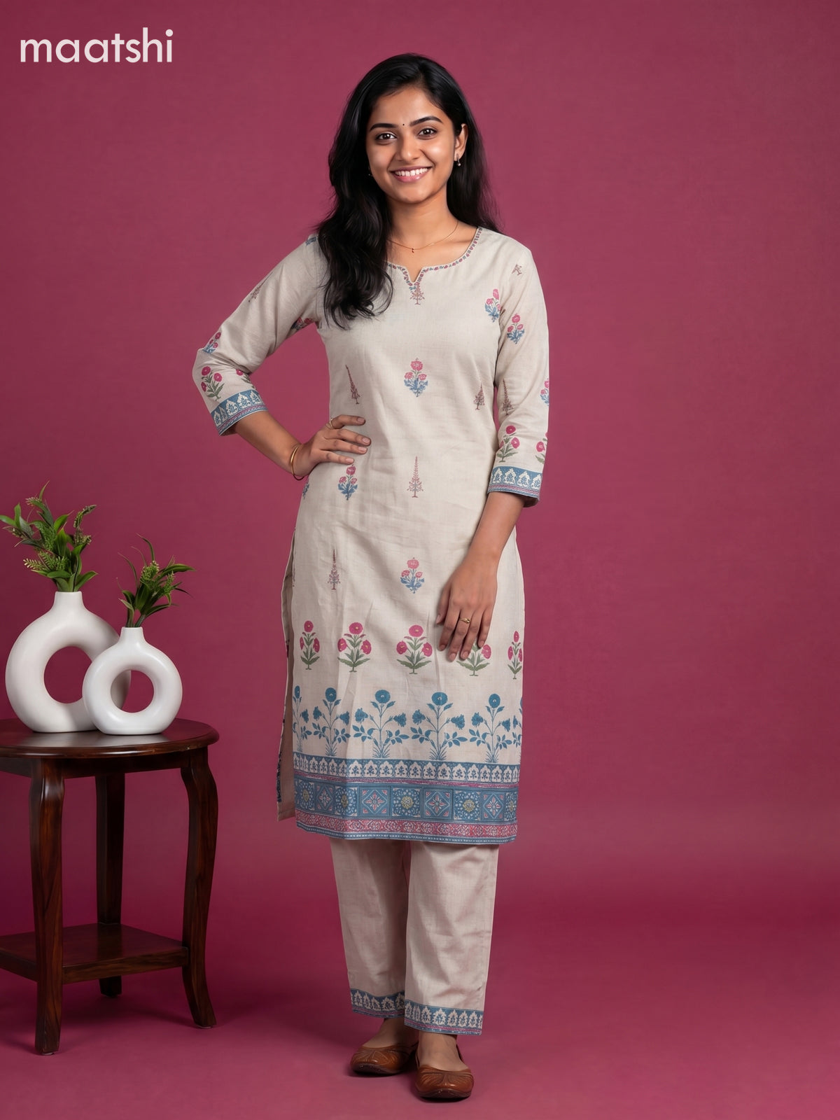 Beige Cotton Floral Printed & Simple Embroidery Work Straight Suit