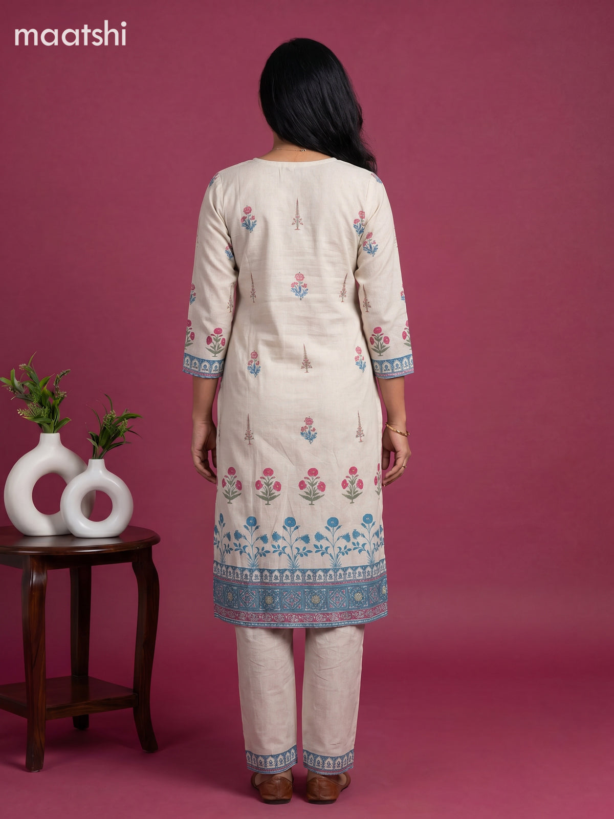 Beige Cotton Floral Printed & Simple Embroidery Work Straight Suit
