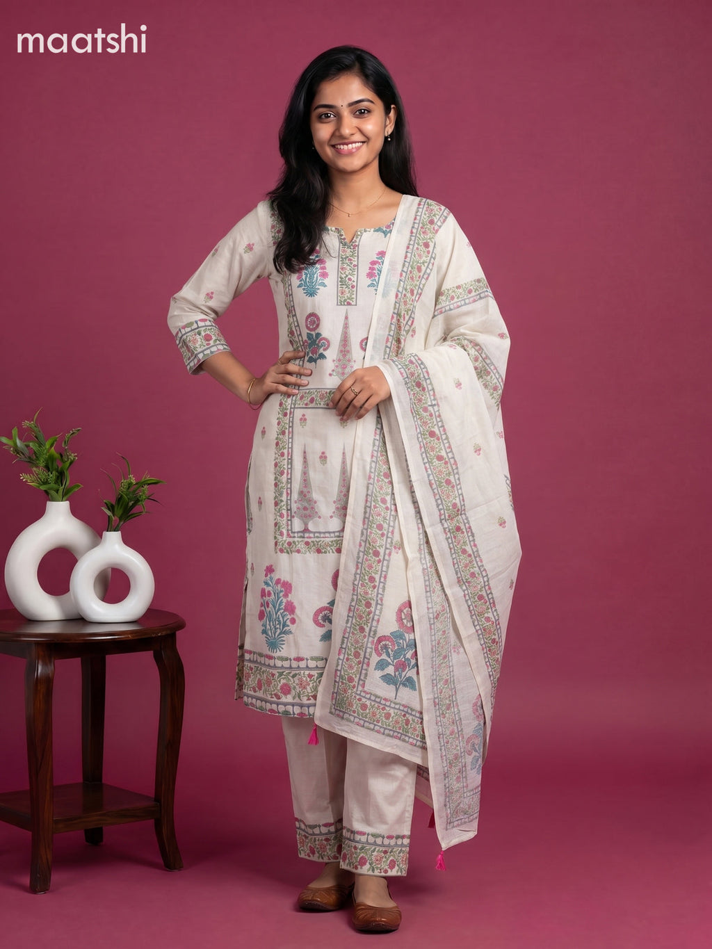 Beige and Pink Cotton Floral Printed & Simple Embroidery Work Straight Suit