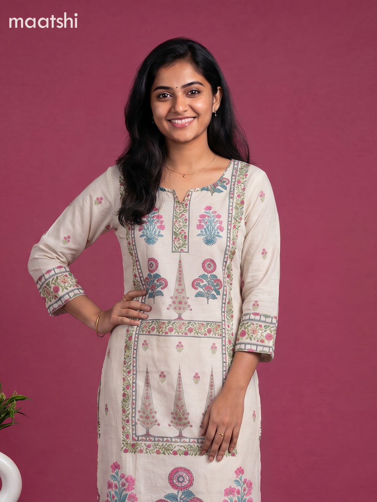 Beige and Pink Cotton Floral Printed & Simple Embroidery Work Straight Suit