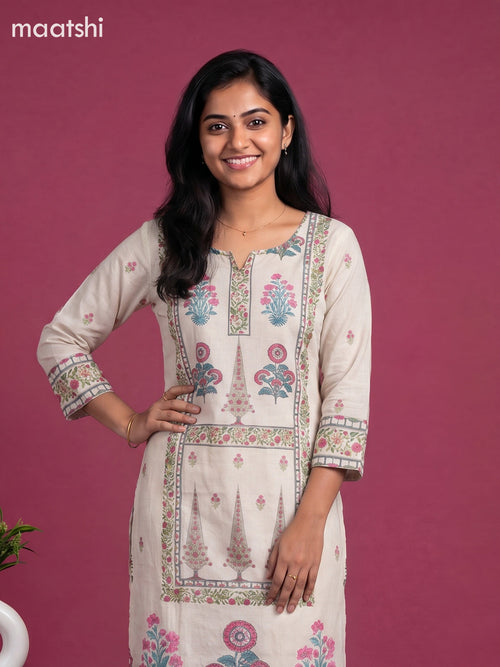 Beige and Pink Cotton Floral Printed & Simple Embroidery Work Straight Suit