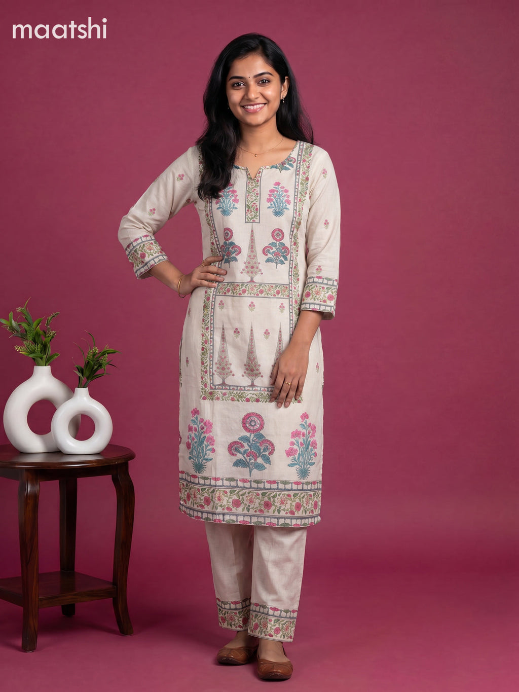 Beige and Pink Cotton Floral Printed & Simple Embroidery Work Straight Suit