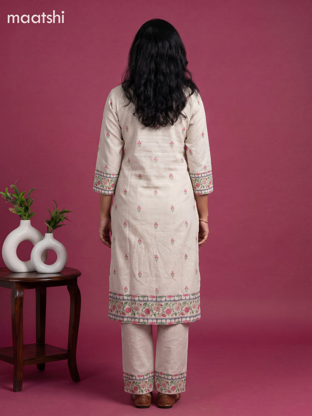 Beige and Pink Cotton Floral Printed & Simple Embroidery Work Straight Suit