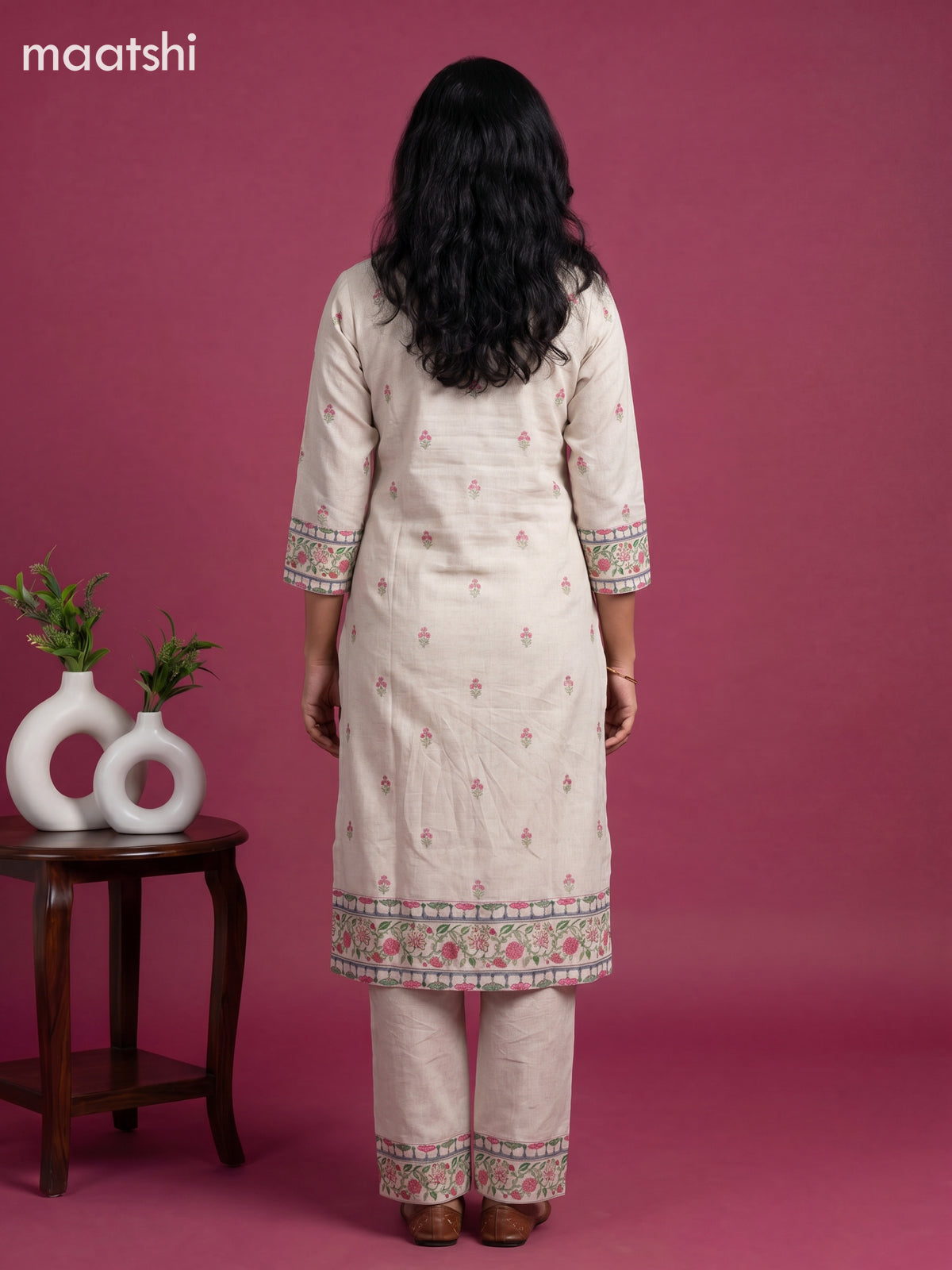 Beige and Pink Cotton Floral Printed & Simple Embroidery Work Straight Suit