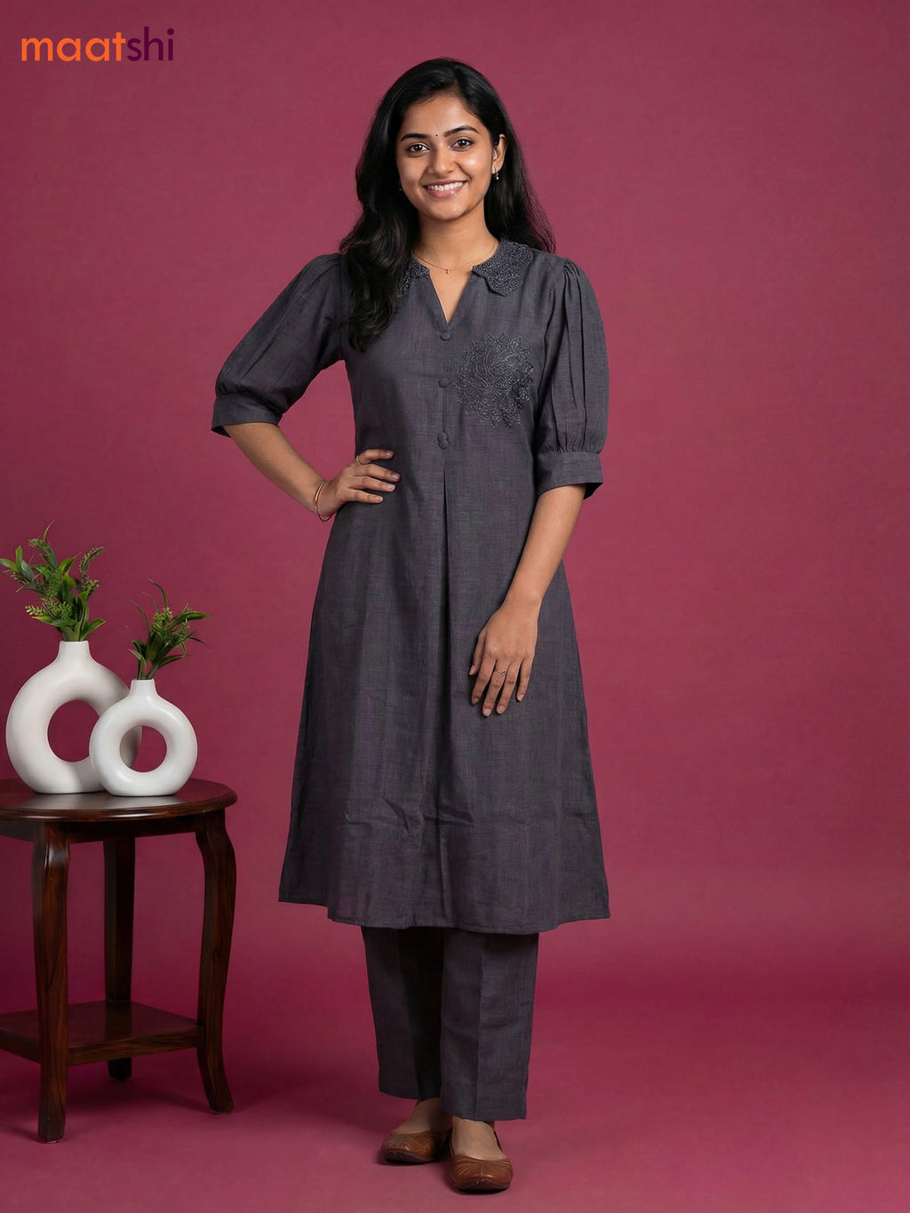 Grey Cotton Embroidery Work Kurti Set
