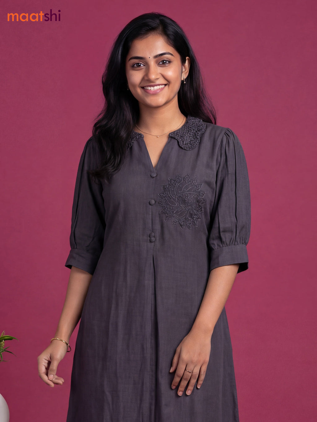 Grey Cotton Embroidery Work Kurti Set