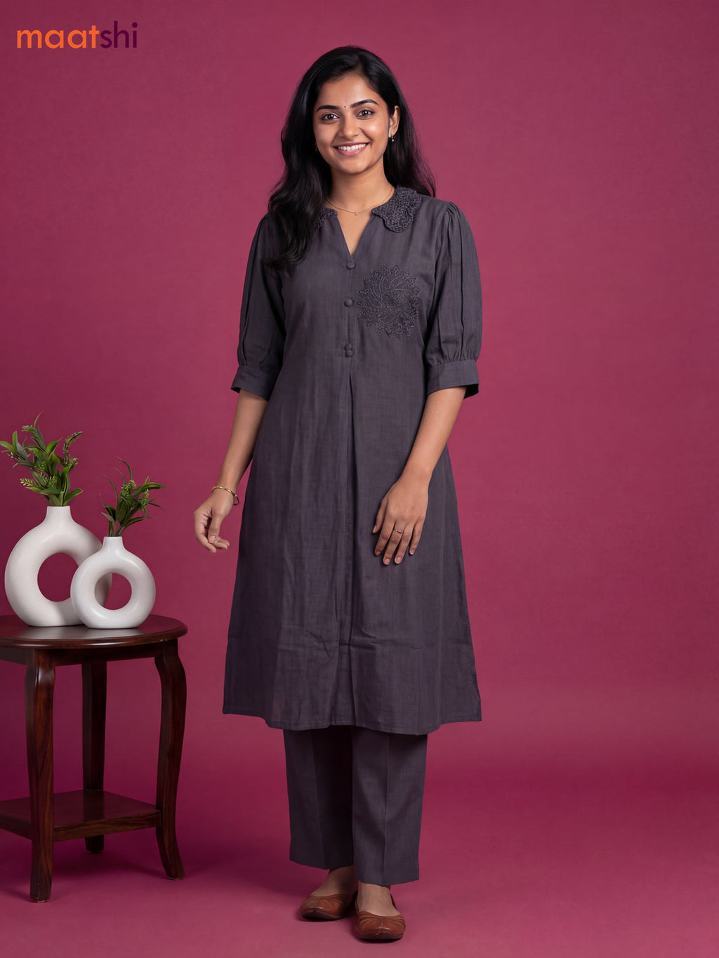 Grey Cotton Embroidery Work Kurti Set