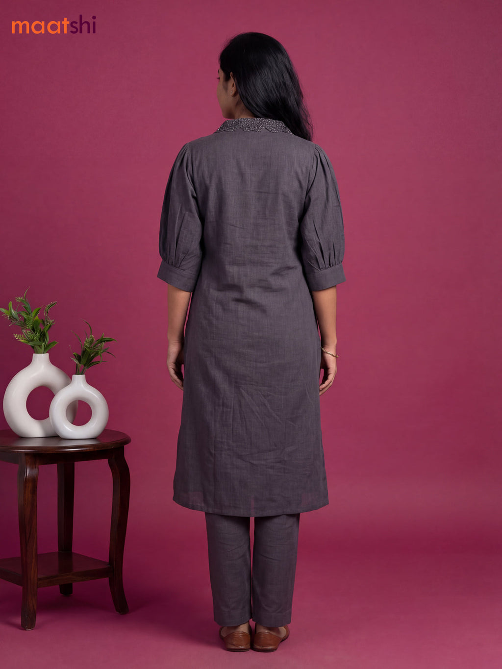Grey Cotton Embroidery Work Kurti Set