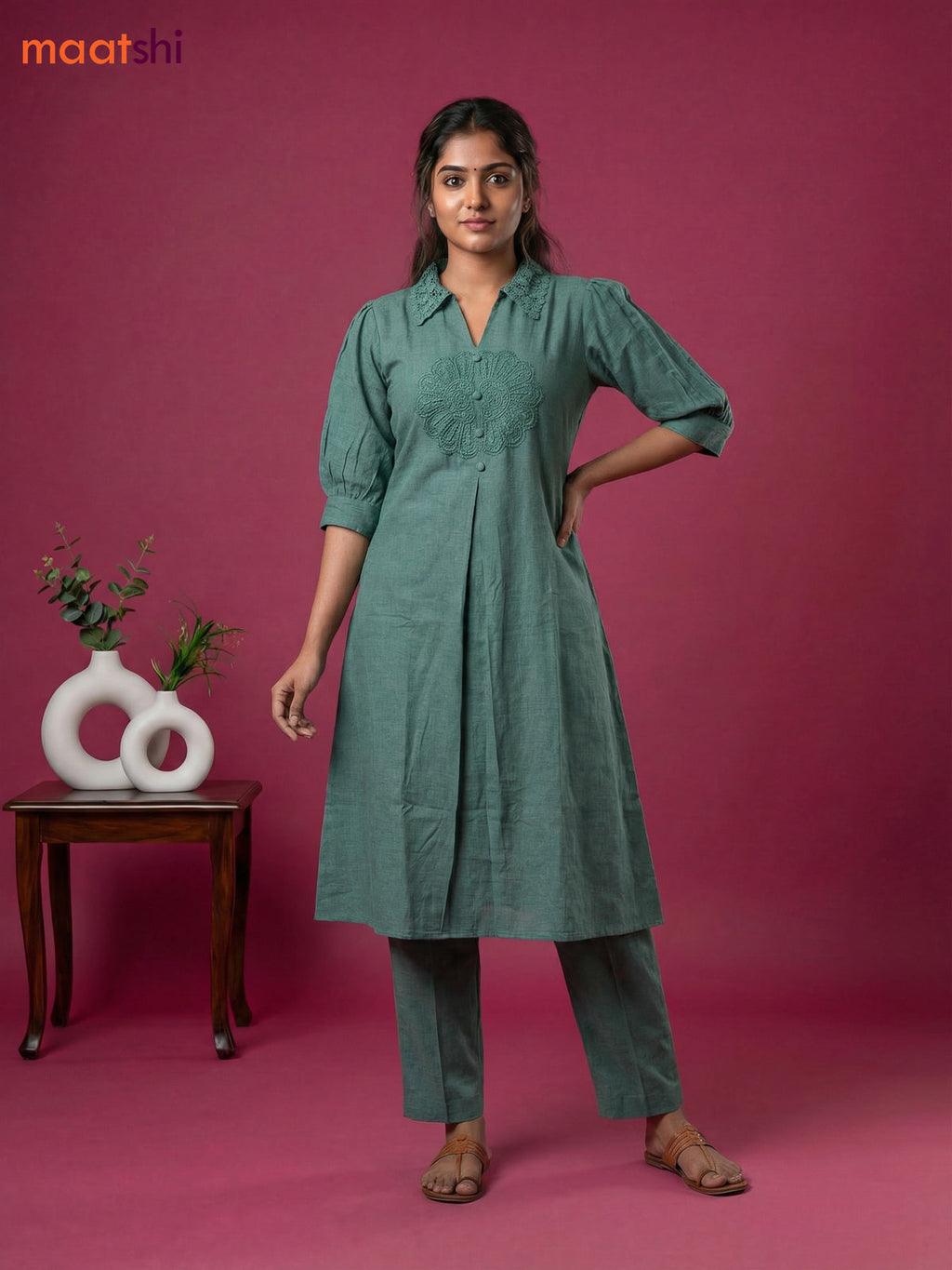 Pastel Green Cotton Embroidery Work Kurti Set