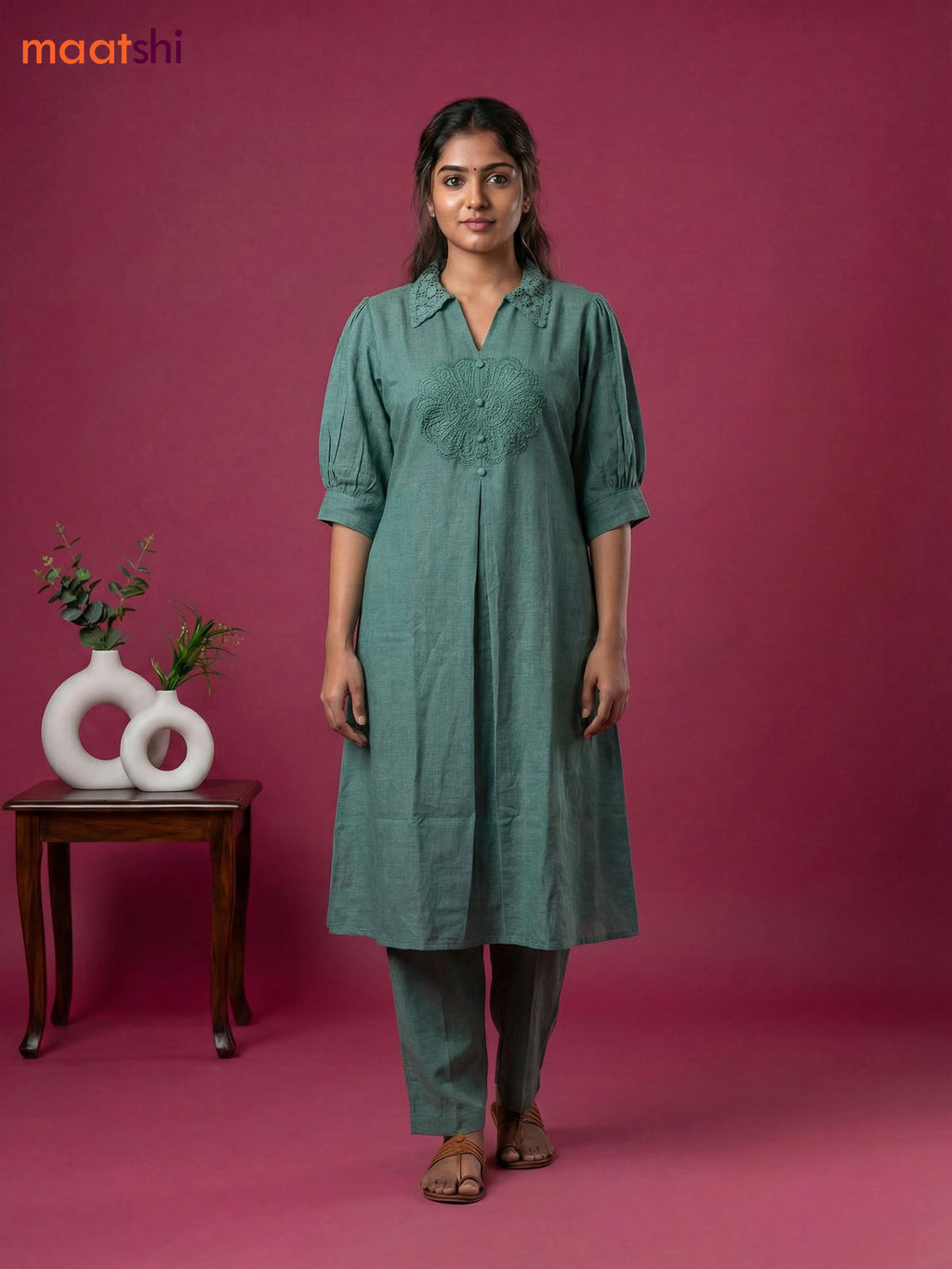 Pastel Green Cotton Embroidery Work Kurti Set
