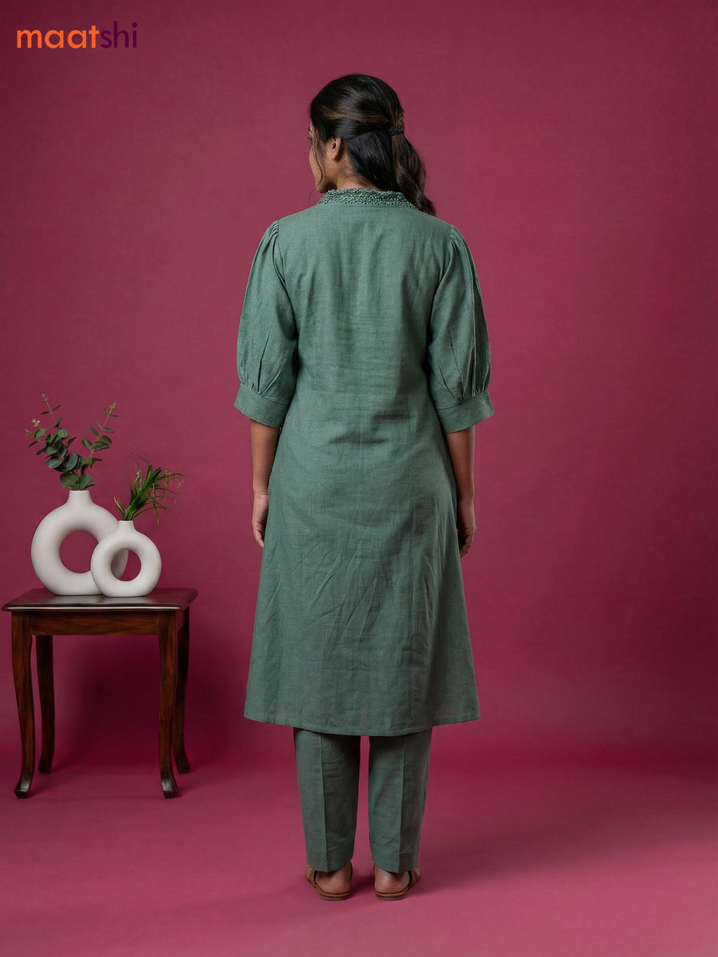 Pastel Green Cotton Embroidery Work Kurti Set