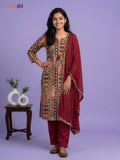 Beige and Maroon Cotton Printed Straight Suit