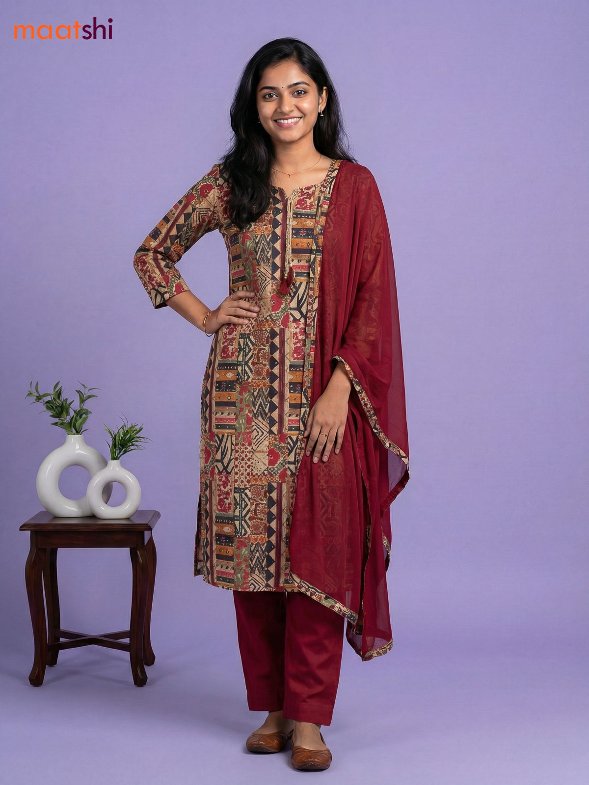 Beige and Maroon Cotton Printed Straight Suit