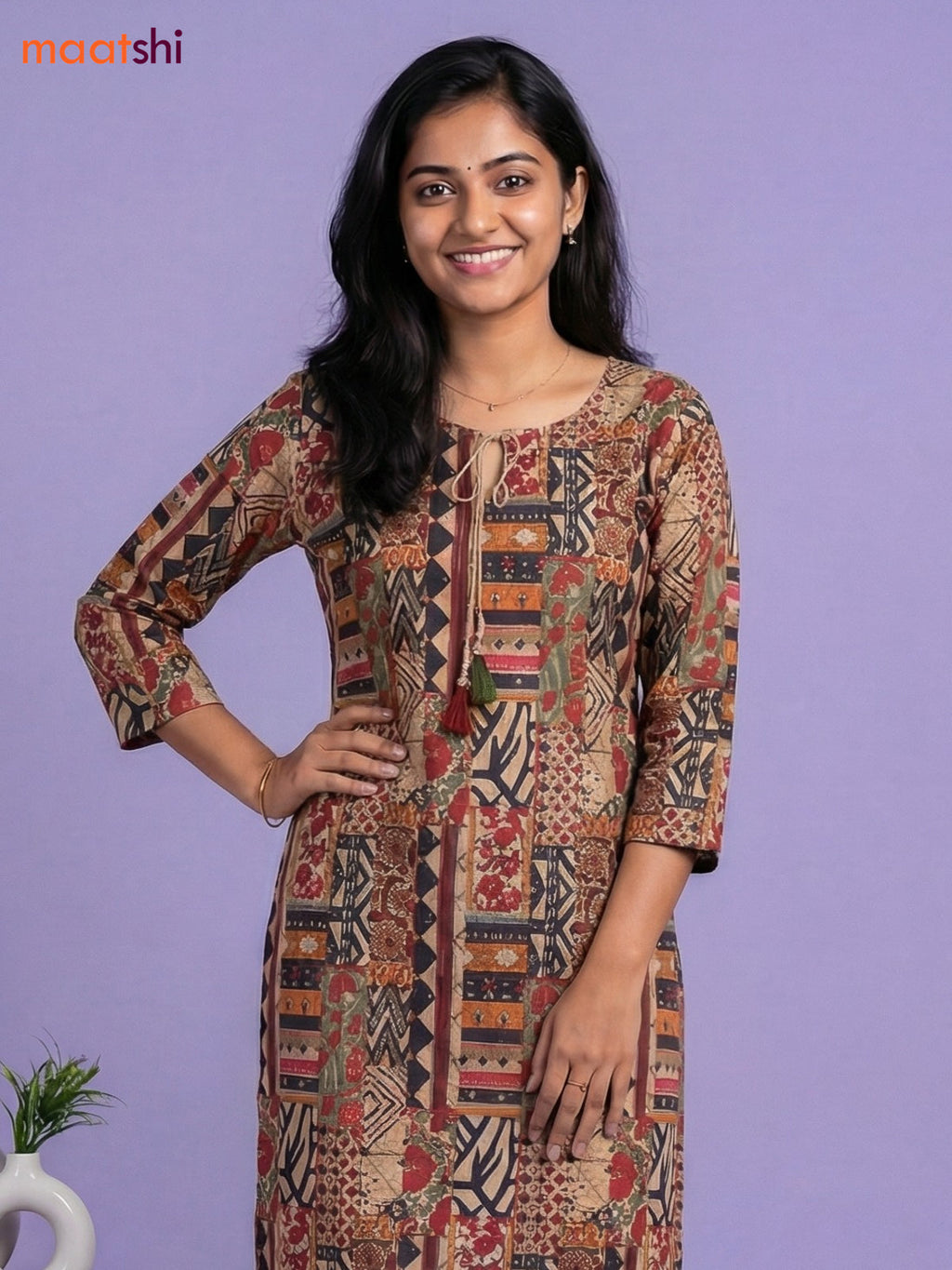 Beige and Maroon Cotton Printed Straight Suit