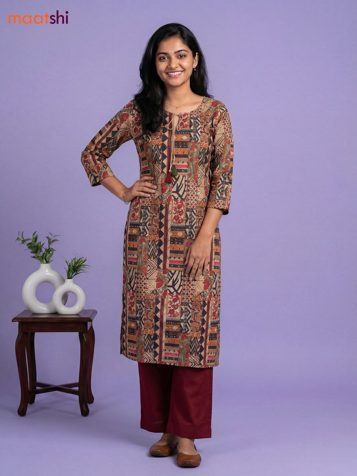 Beige and Maroon Cotton Printed Straight Suit