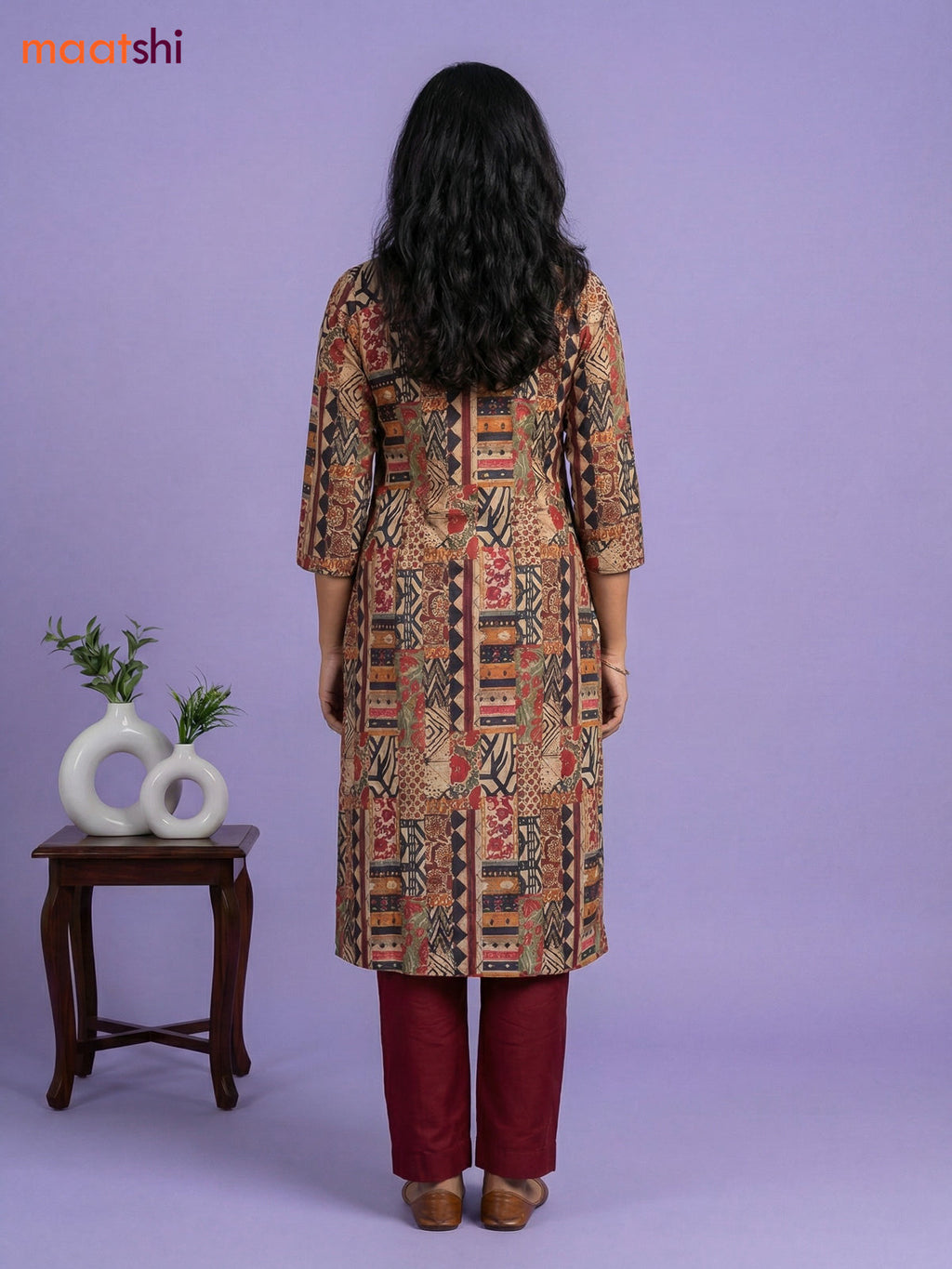 Beige and Maroon Cotton Printed Straight Suit