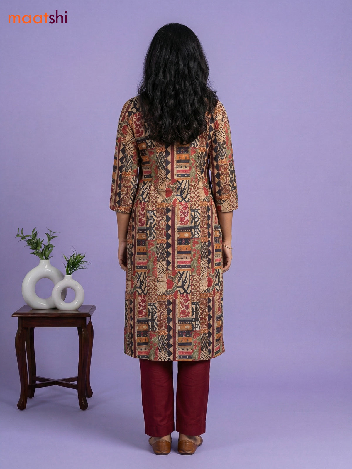 Beige and Maroon Cotton Printed Straight Suit