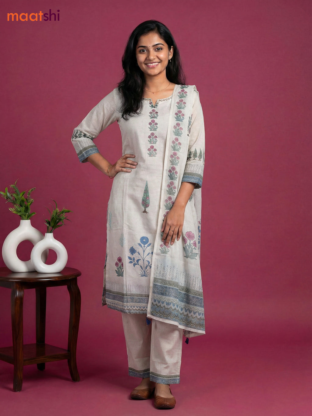 Beige Cotton Floral Printed & Simple Embroidery Work Straight Suit