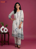 Beige Cotton Floral Printed & Simple Embroidery Work Straight Suit