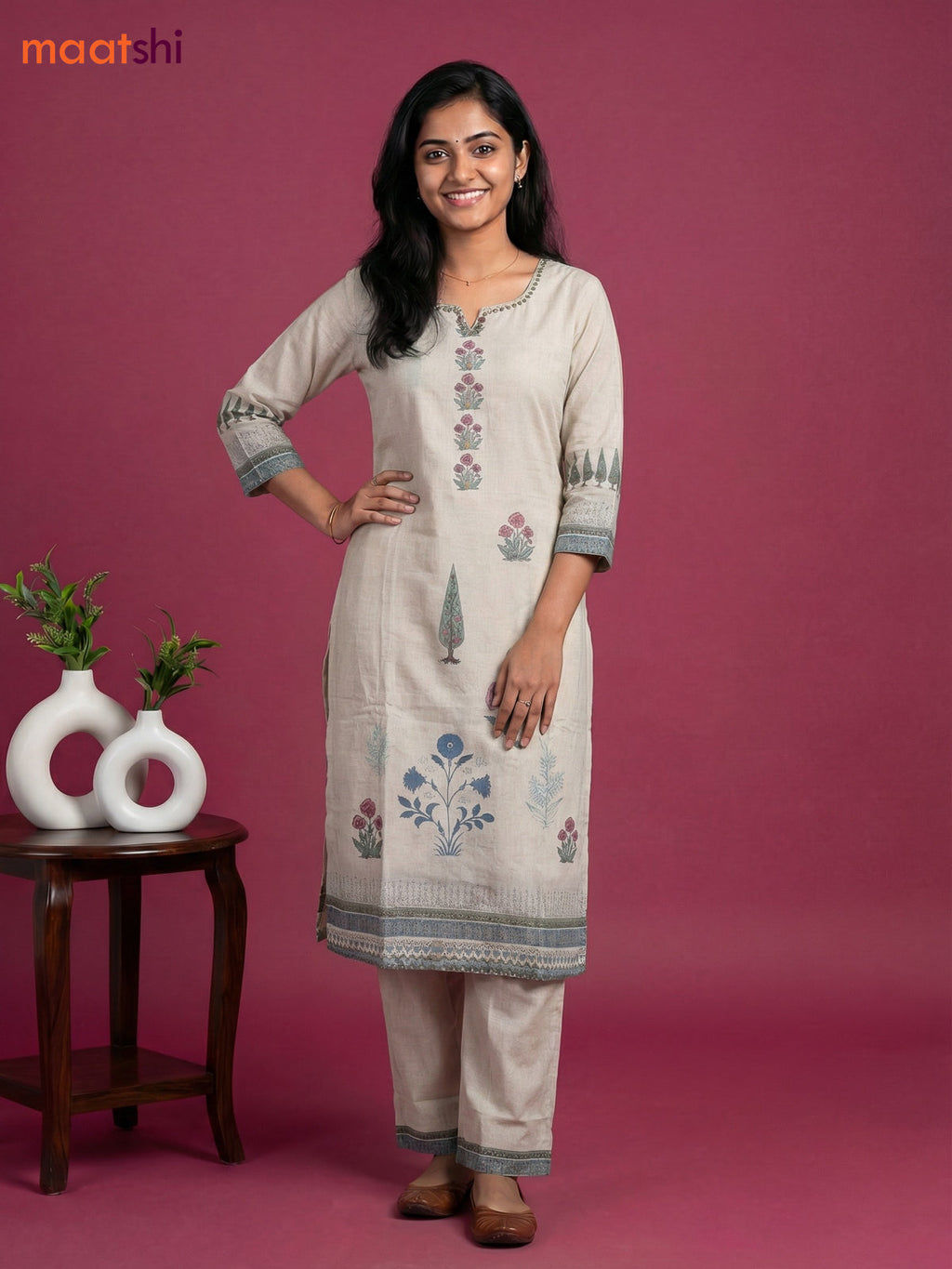 Beige Cotton Floral Printed & Simple Embroidery Work Straight Suit