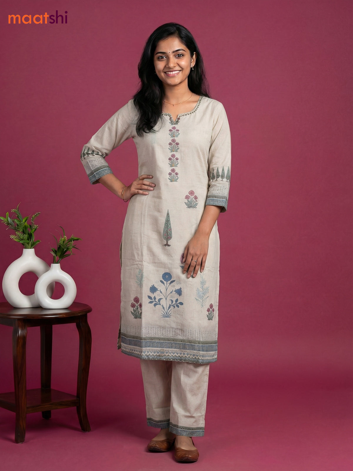 Beige Cotton Floral Printed & Simple Embroidery Work Straight Suit