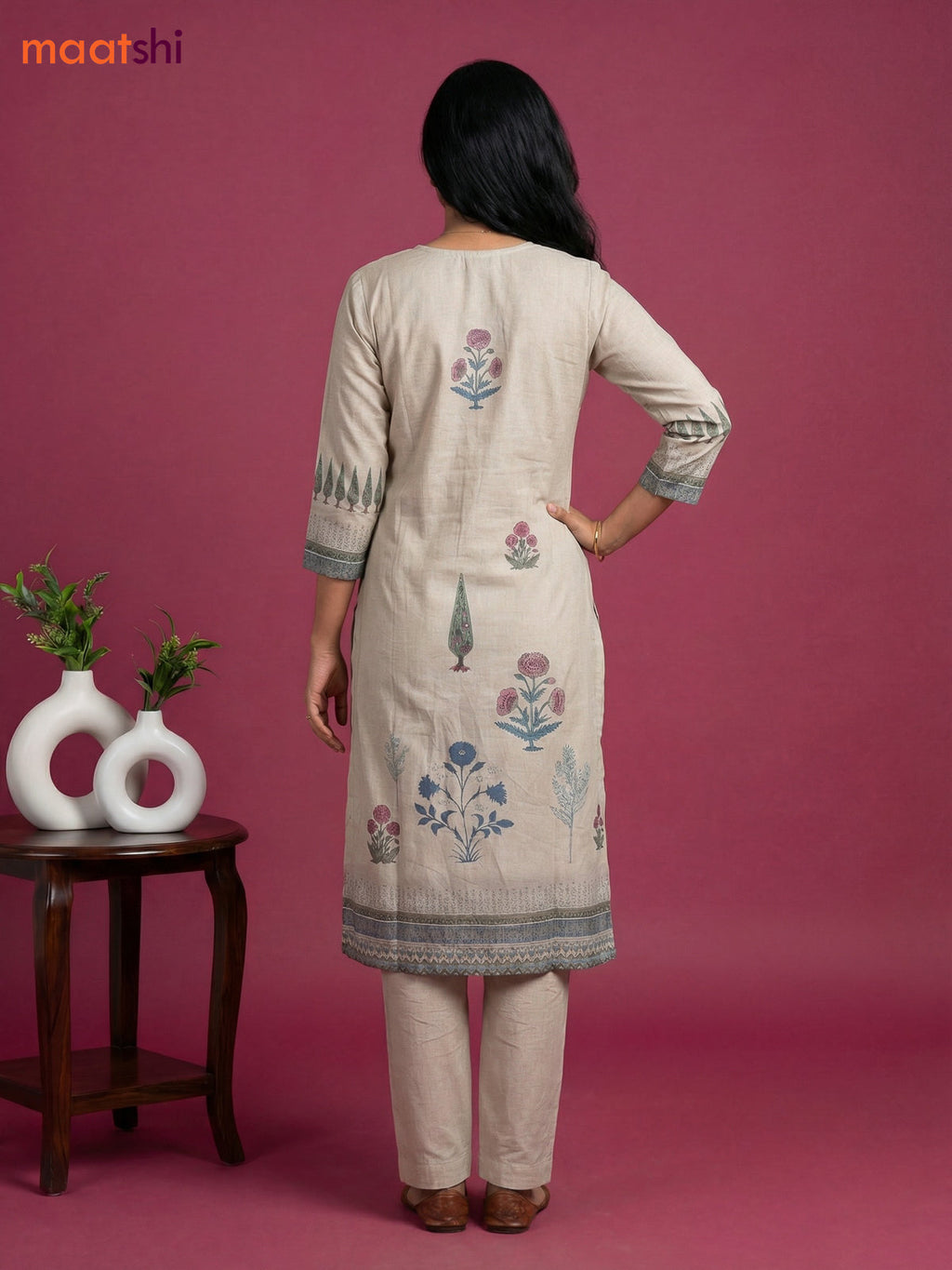 Beige Cotton Floral Printed & Simple Embroidery Work Straight Suit