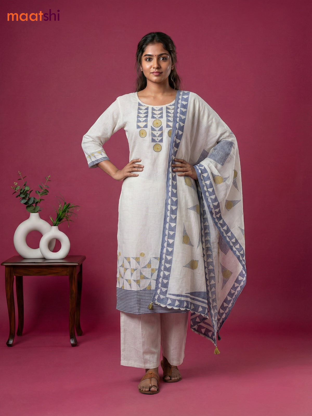Off White and Grey Cotton Printed & Simple Embroidery Work Straight Suit