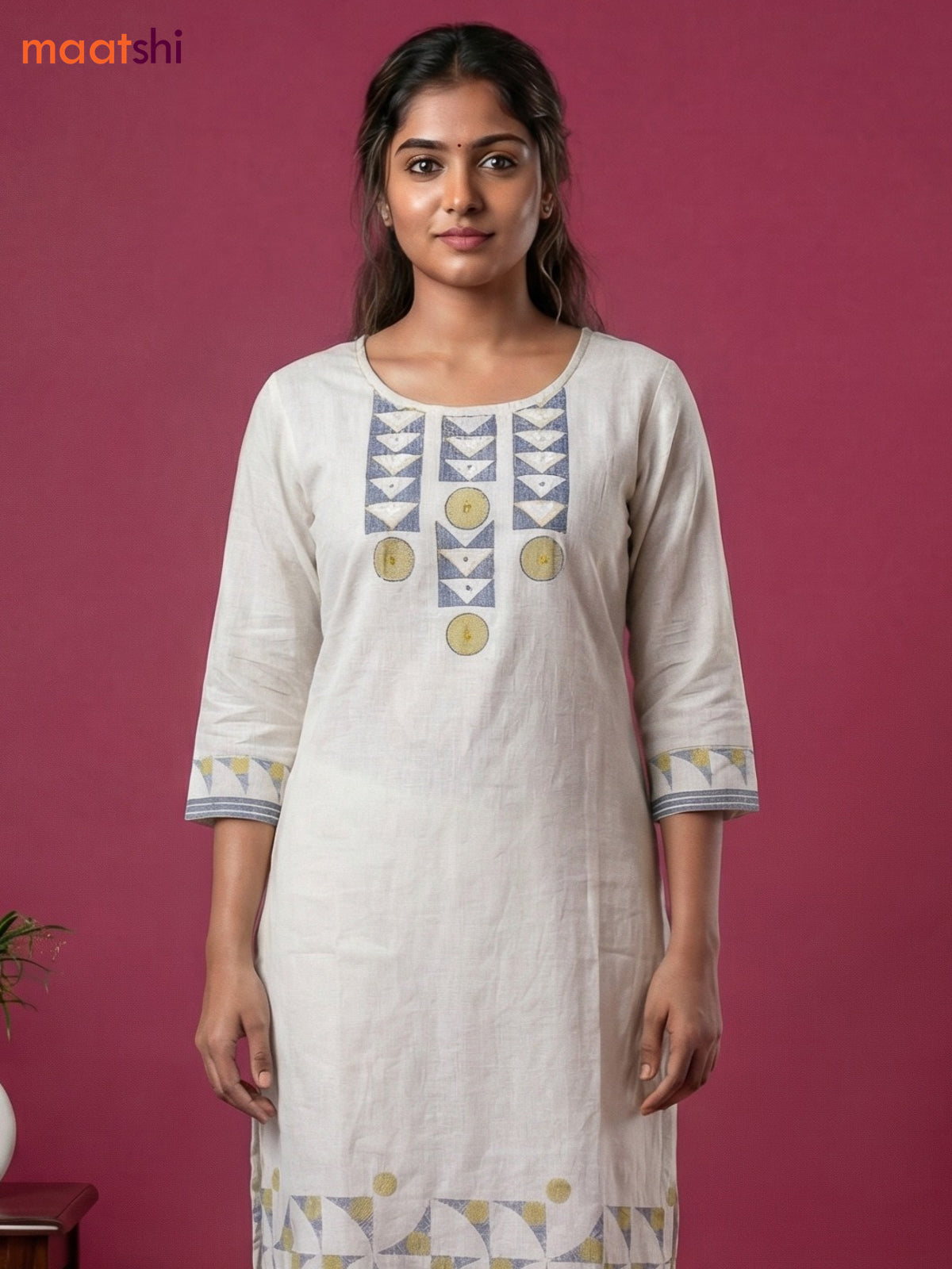 Off White and Grey Cotton Printed & Simple Embroidery Work Straight Suit