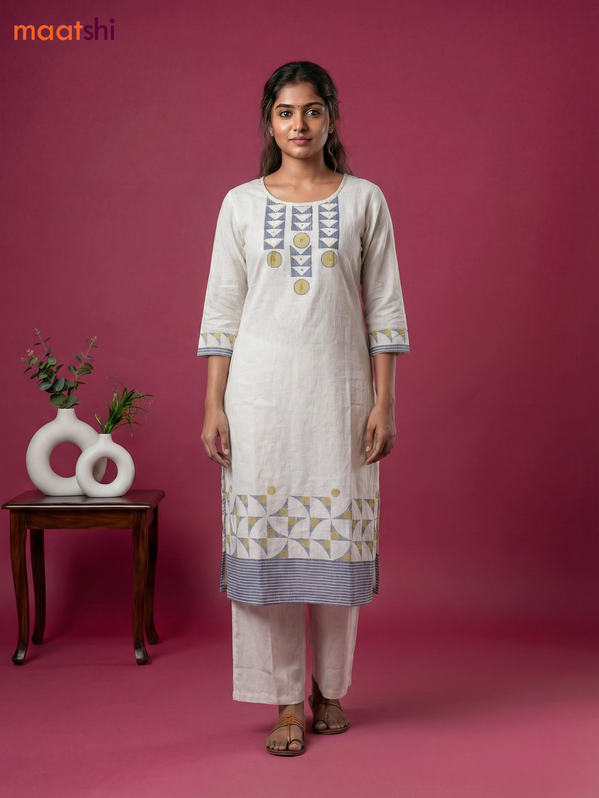 Off White and Grey Cotton Printed & Simple Embroidery Work Straight Suit