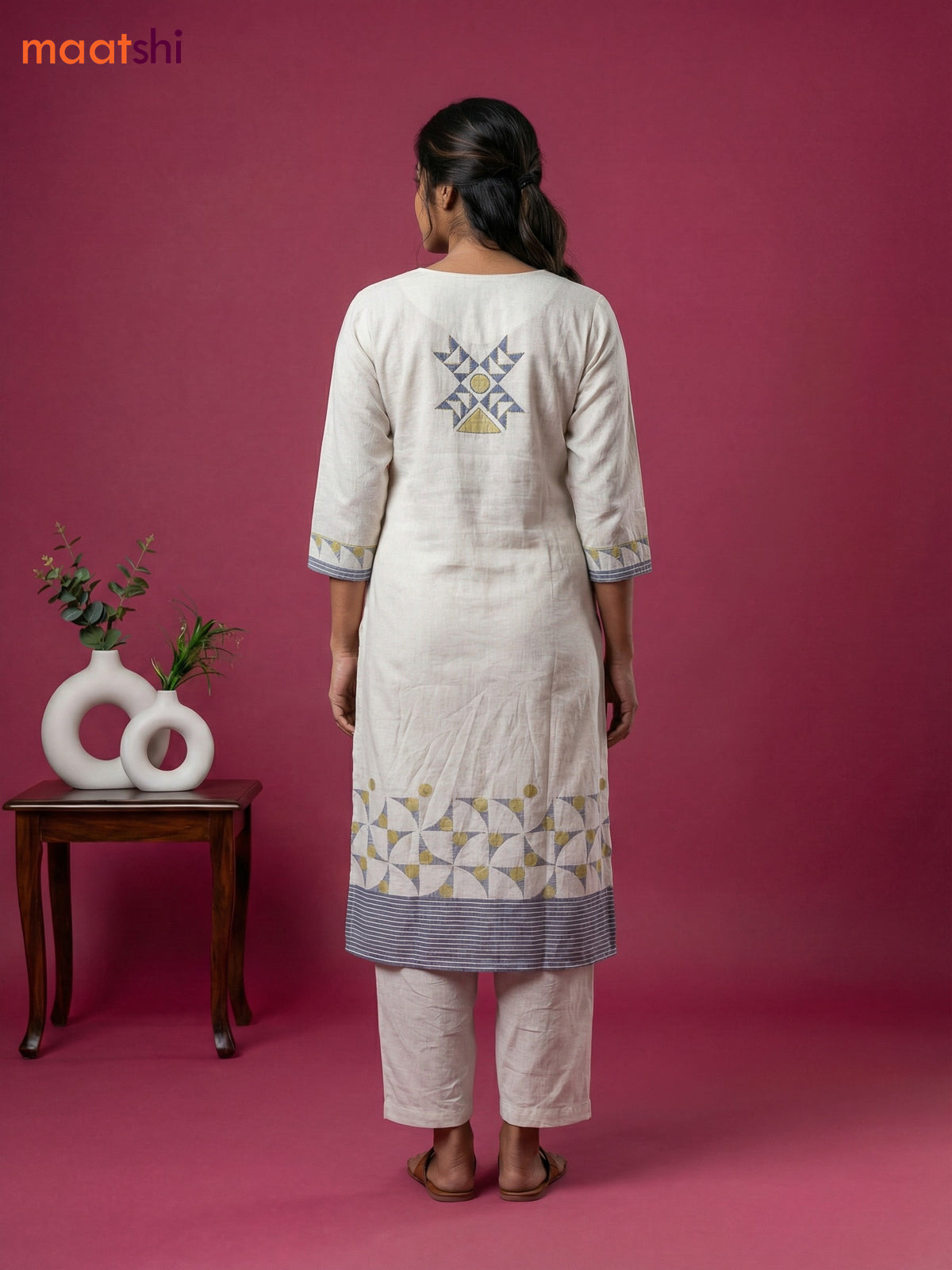 Off White and Grey Cotton Printed & Simple Embroidery Work Straight Suit