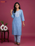 Light Blue Viscose Rayon Embroidery Work Kurti Set