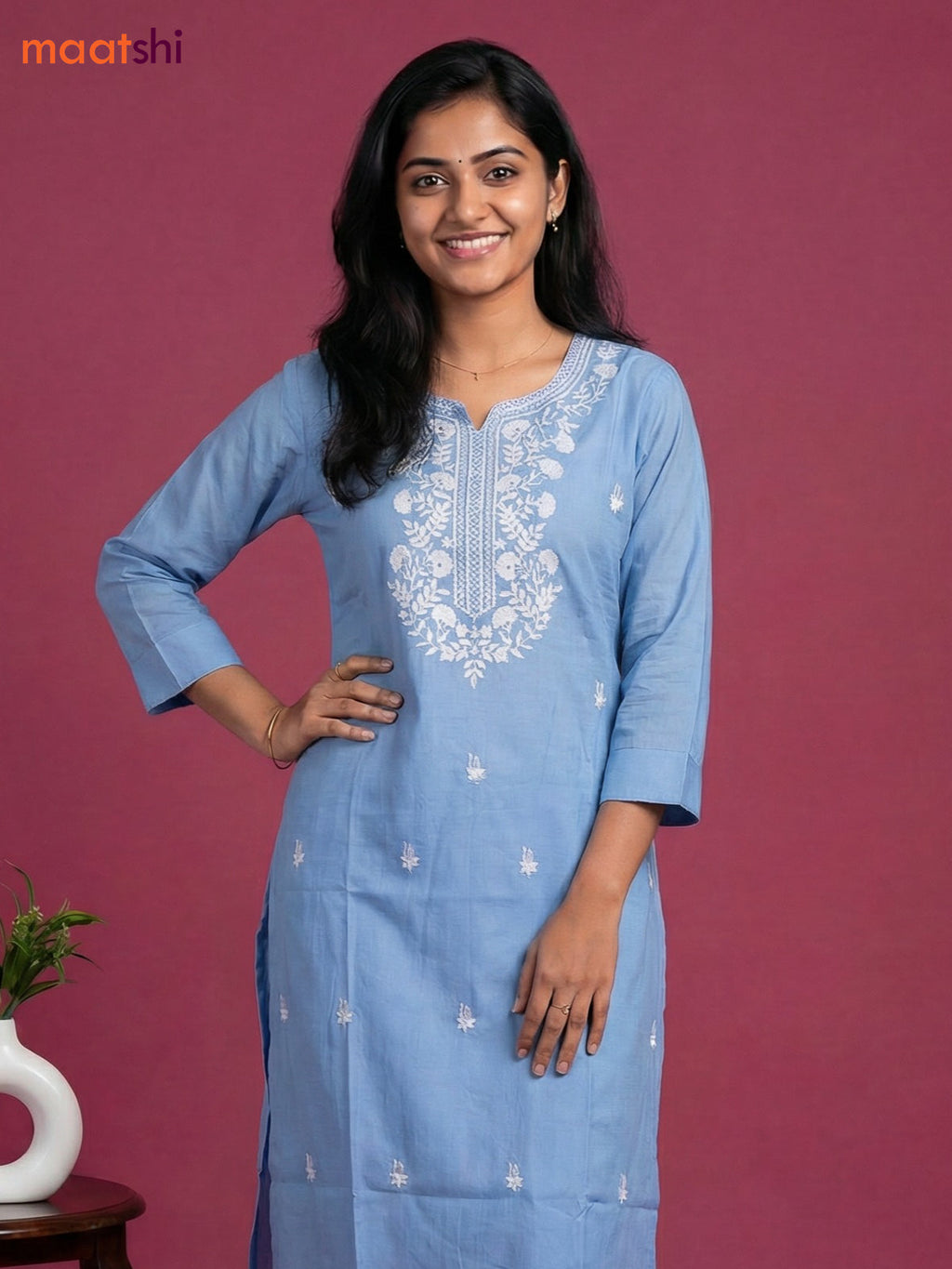 Light Blue Viscose Rayon Embroidery Work Kurti Set