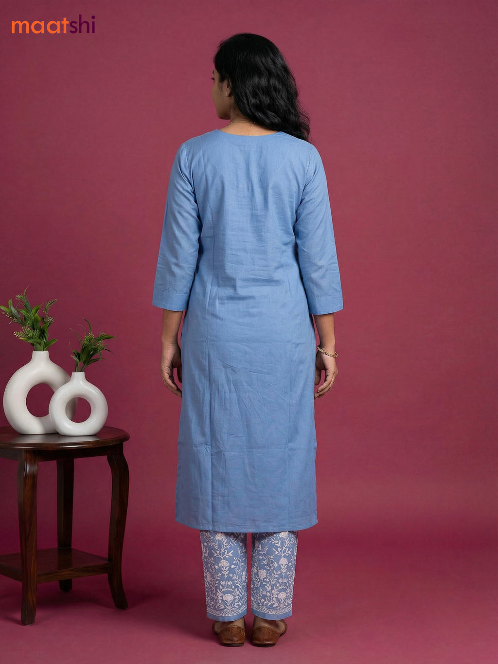 Light Blue Viscose Rayon Embroidery Work Kurti Set