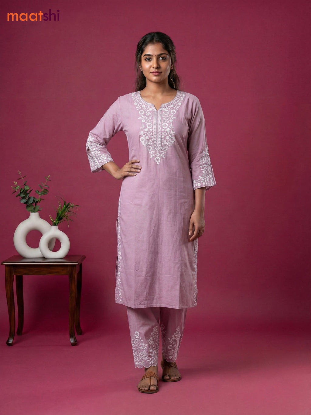 Baby Pink Viscose Rayon Embroidery Work Kurti Set