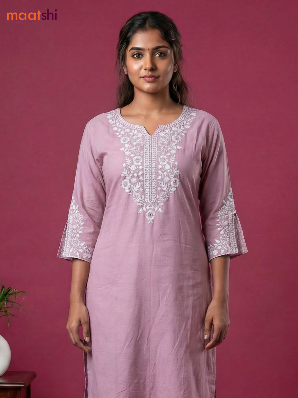 Baby Pink Viscose Rayon Embroidery Work Kurti Set