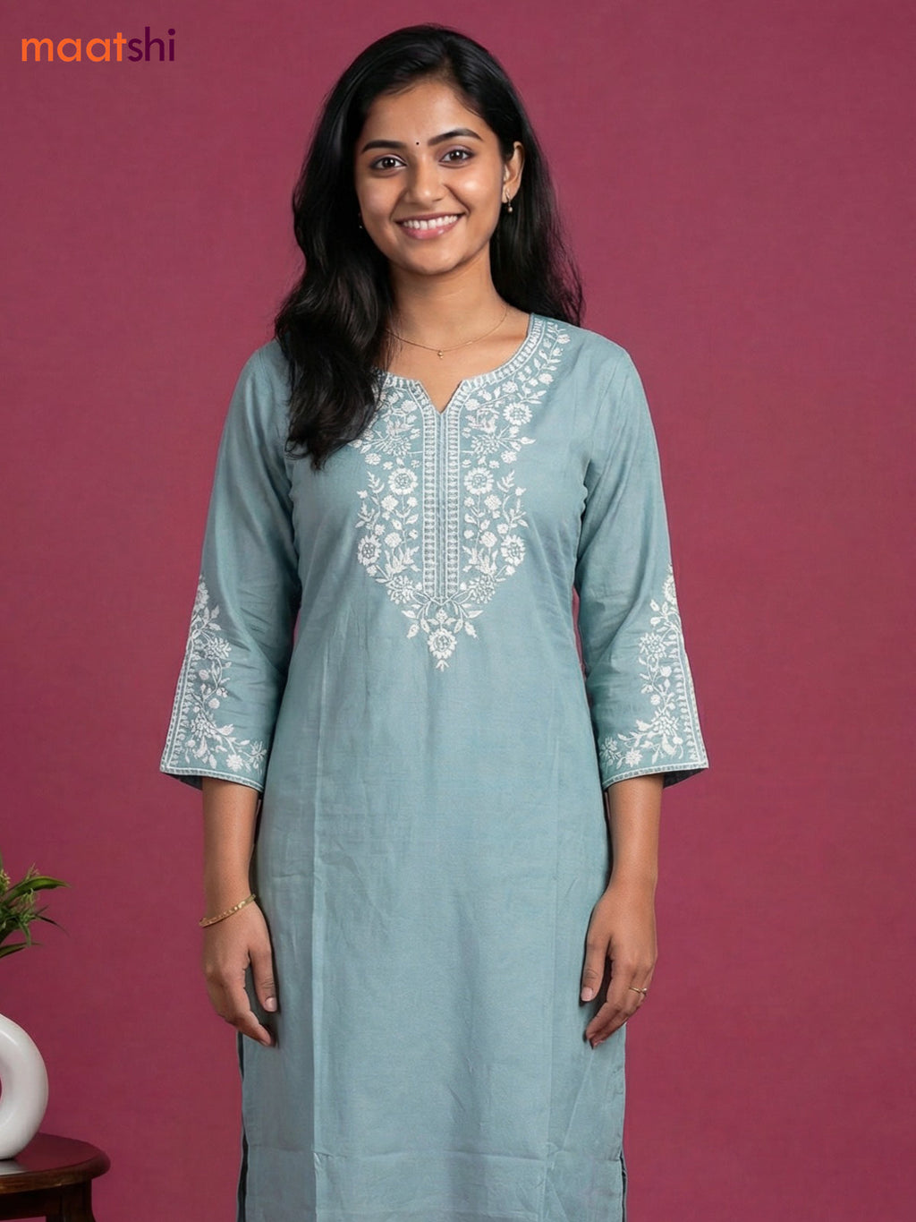Pastel Green Viscose Rayon Embroidery Work Kurti Set