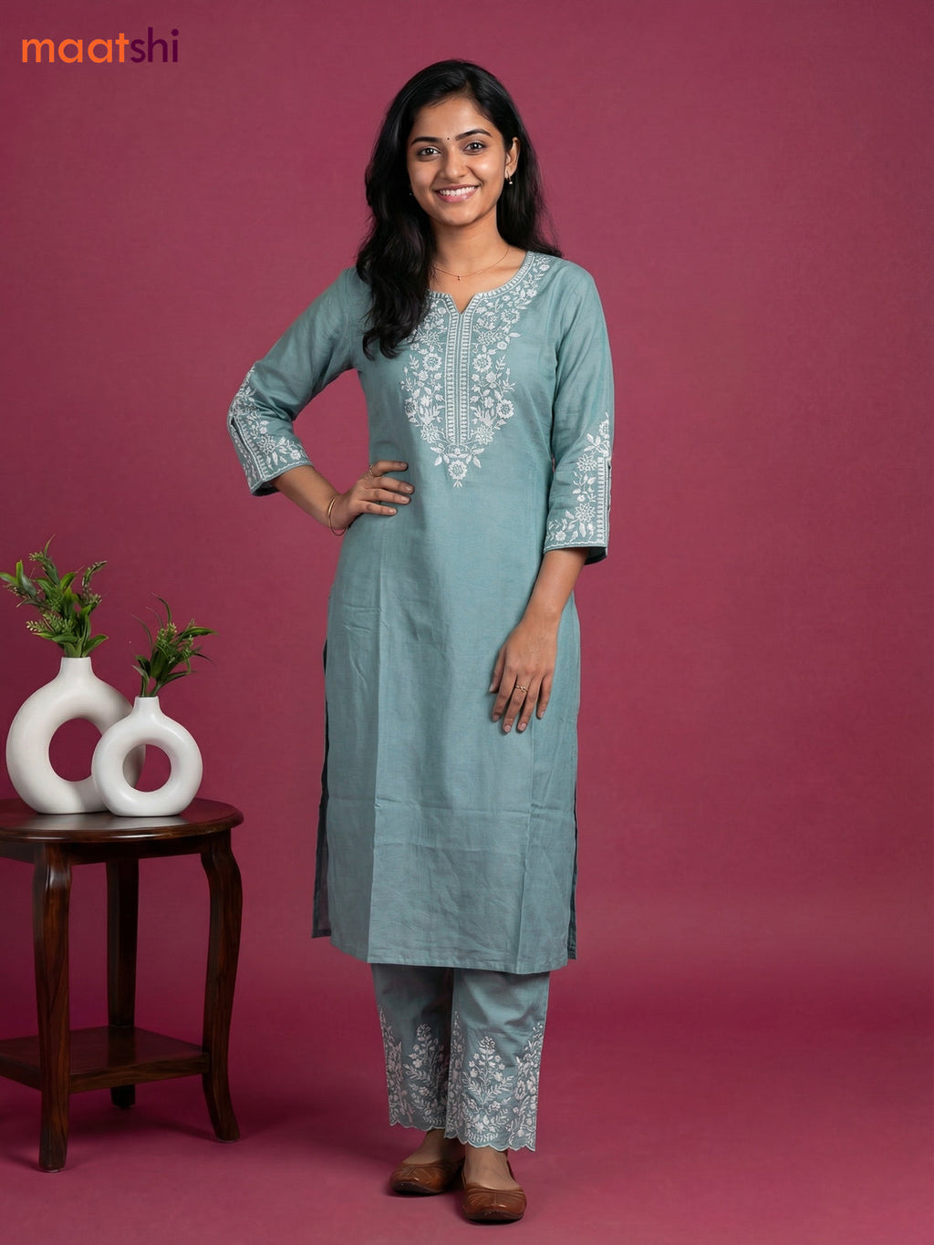 Pastel Green Viscose Rayon Embroidery Work Kurti Set